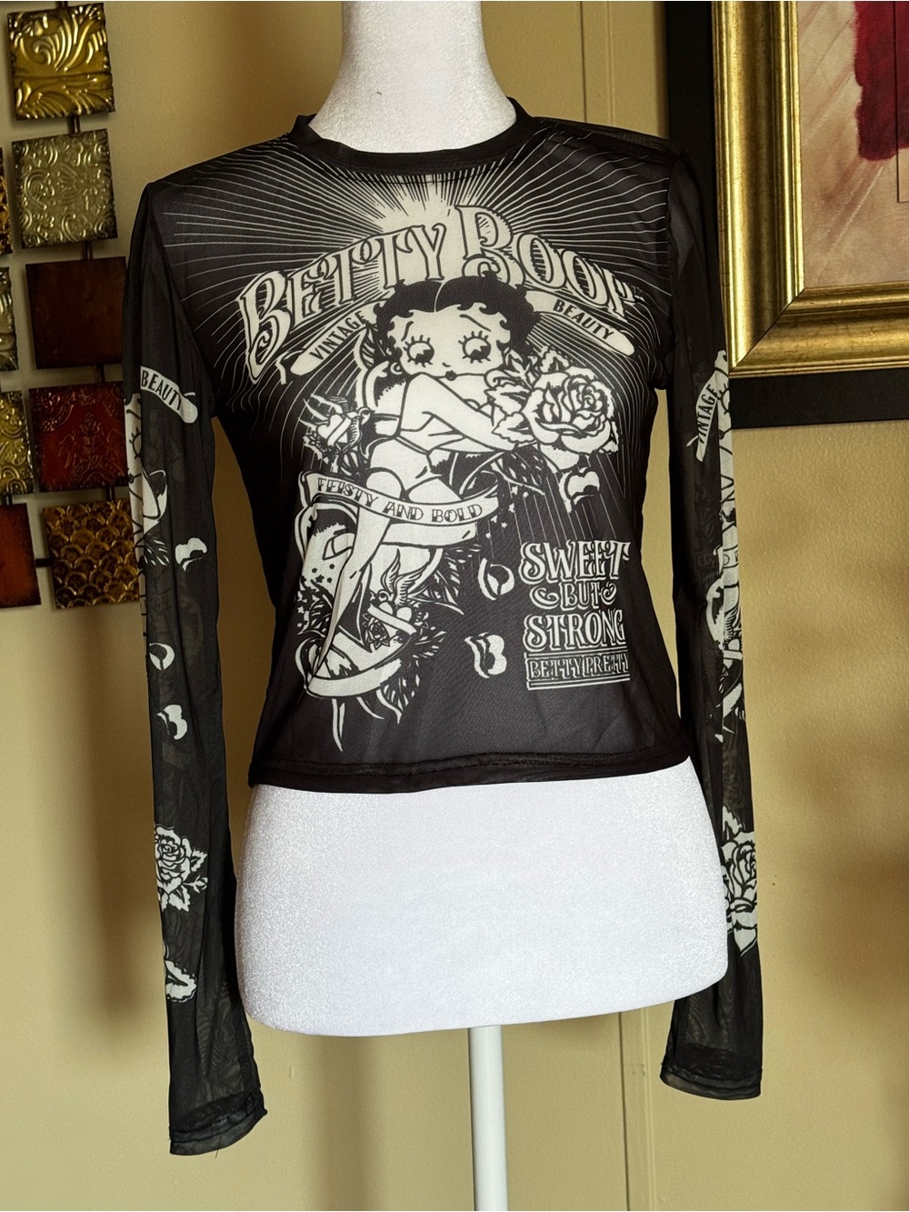 Betty Boop Black and White Sheer Graphic Long Sleeve Top